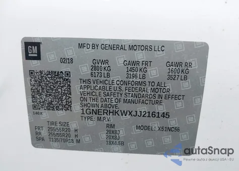 2018 Chevrolet Traverse 3Lt z USA, uszkodzony, nr VIN 1GNERHKWXJJ216145